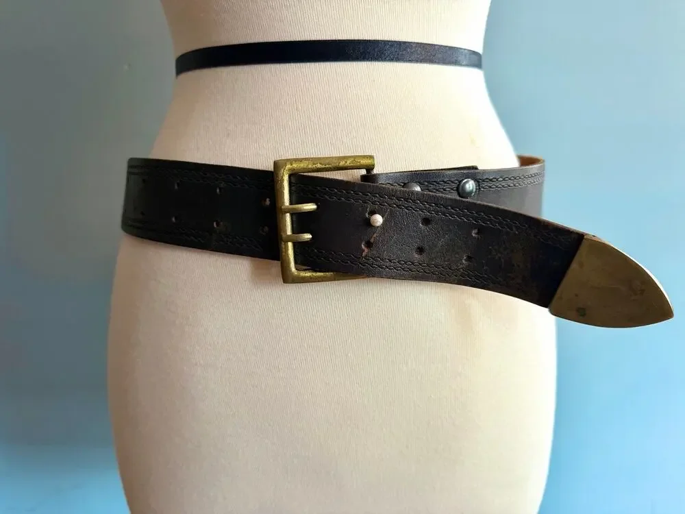 Distressed Dark Brown Wide Leather Belt w/Dbl Prong Buckle Womens sz S